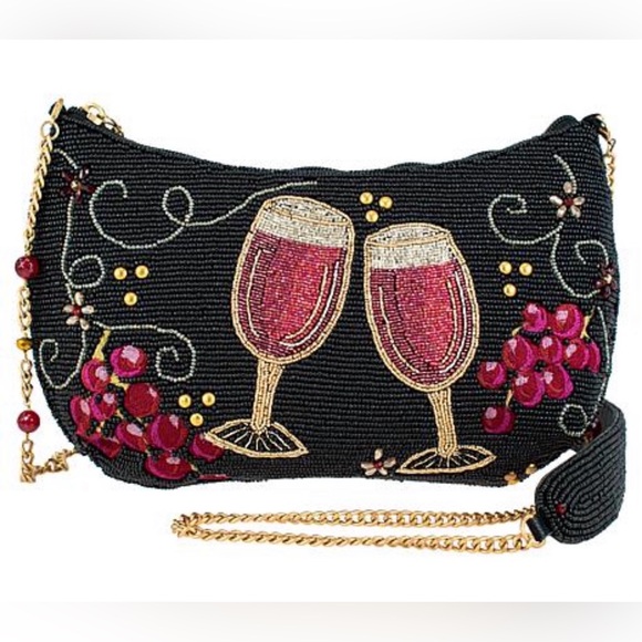 Mary Frances Handbags - Mary Frances Black Hand-Beaded Clutch with Wine Glass Design